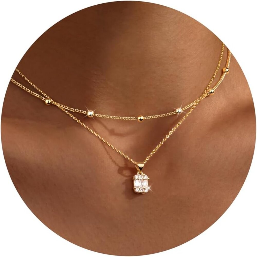 Silver Diamond Pendant Necklaces for Women, Layered Dainty 14K Gold Silver Plate